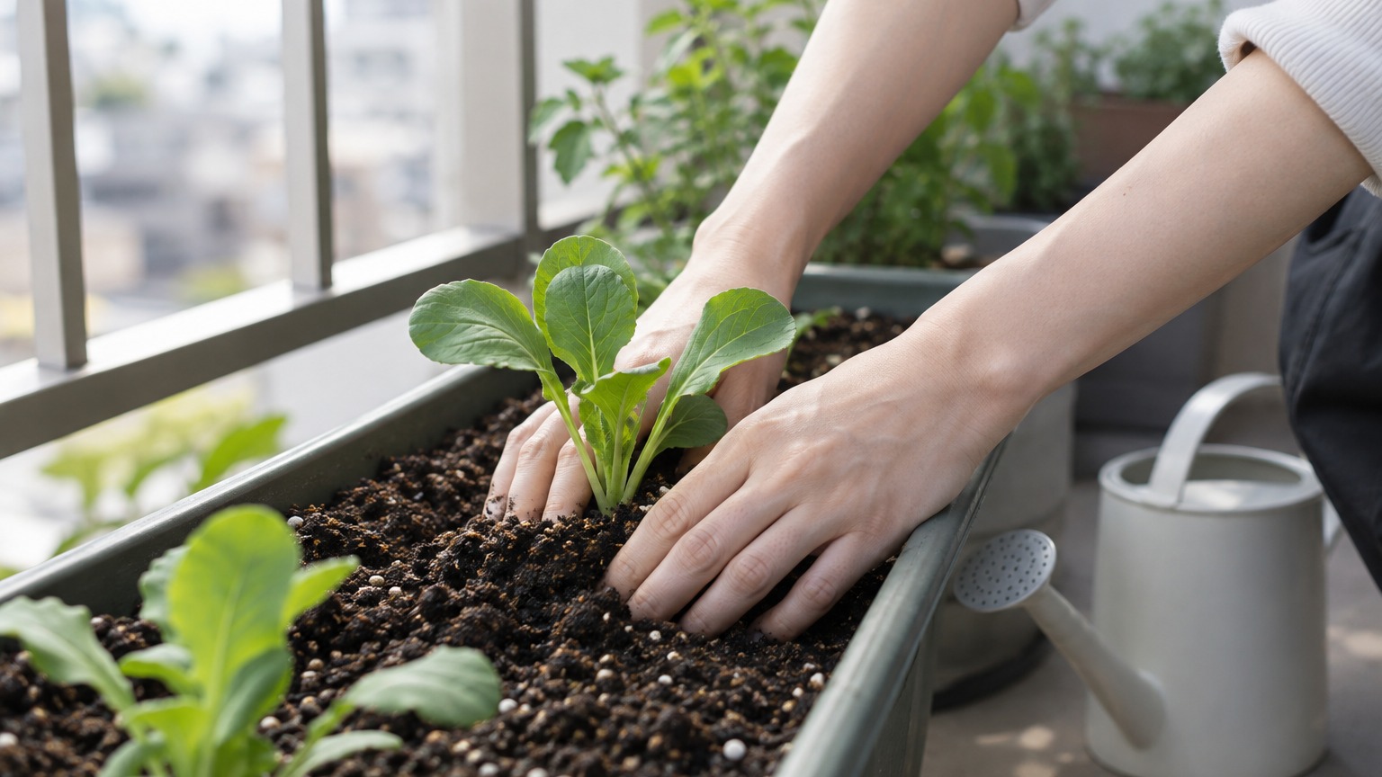 プランターに葉物野菜の苗を植え付ける手元。家庭菜園で食料を作る経験を積む