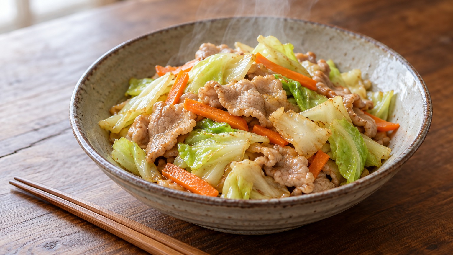 ボウルに盛った豚肉とキャベツとにんじんの炒め物。葉物野菜の高騰時に使い回せる家庭料理
