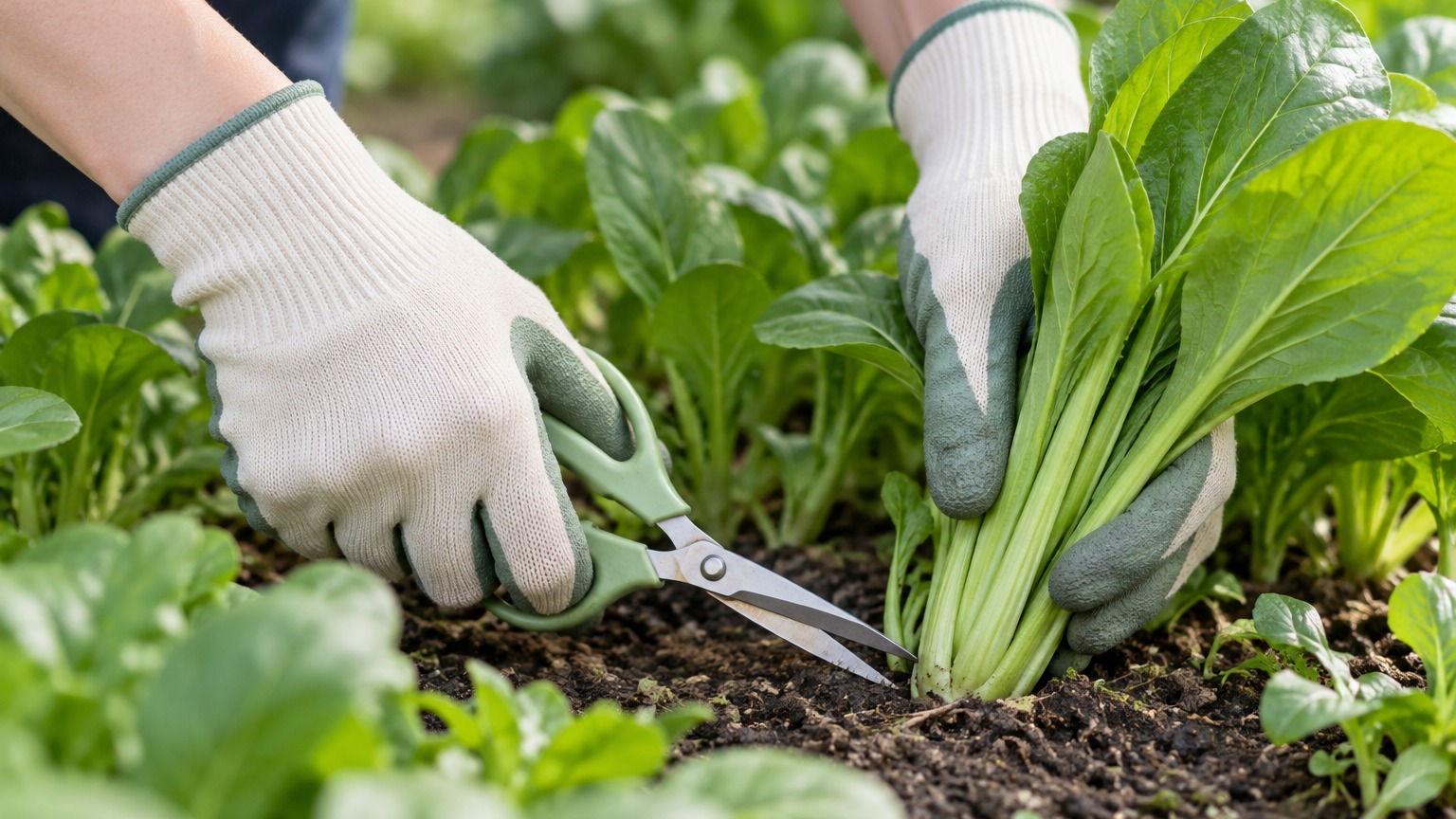 両手に同じ手袋をはめて小松菜をはさみで収穫する手元。家庭菜園の葉物野菜