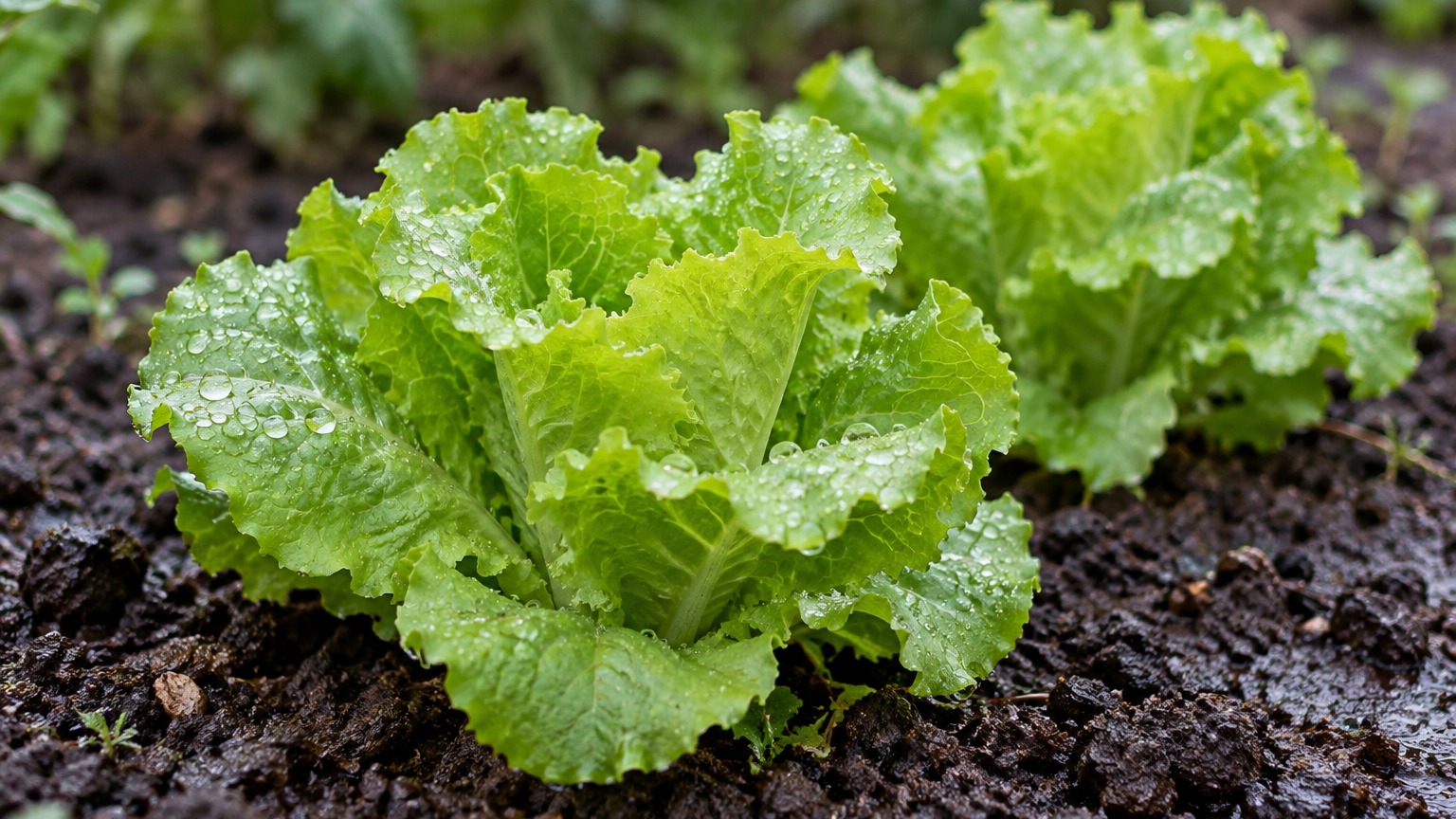 長雨のあとに雨粒が残るレタスの苗。9月の日照不足で葉物野菜の生育が遅れた