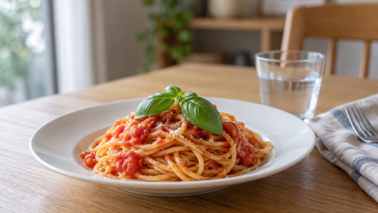 自宅で摘んだバジルの葉をのせたトマトのパスタ