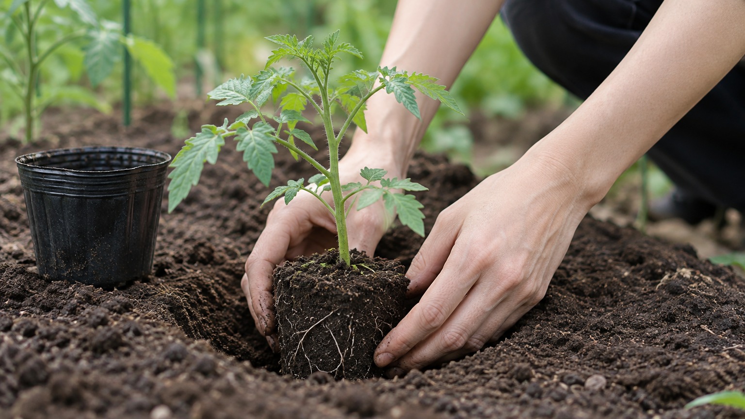 家庭菜園の畝にトマトの苗を素手で植え付ける手元。直まきとの違いを比べる移植のイメージ