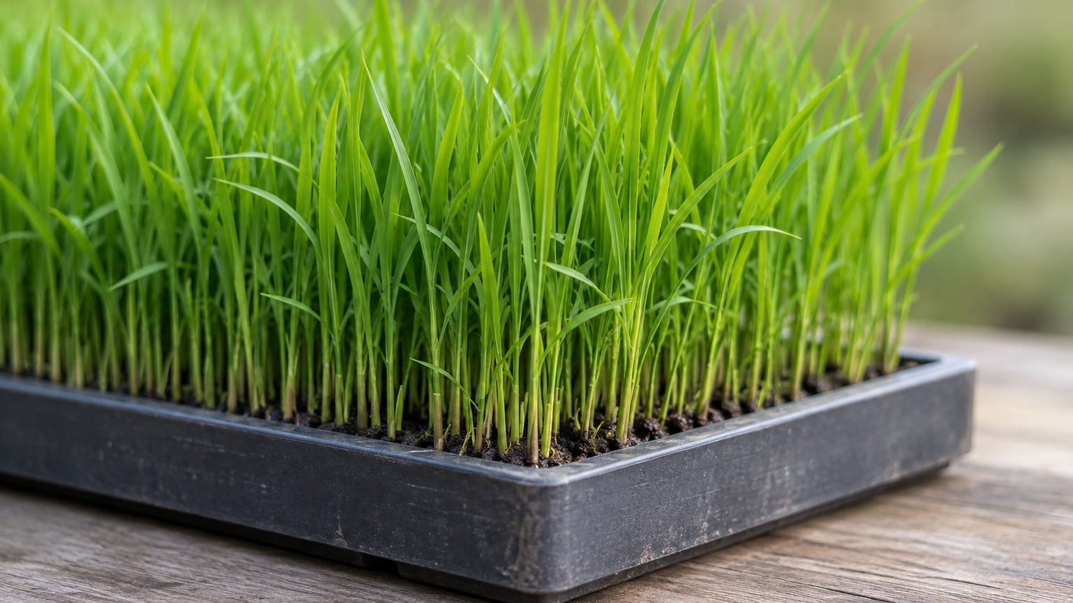 育苗箱に密に育った稲の苗。移植栽培で田植えに使う苗の接写