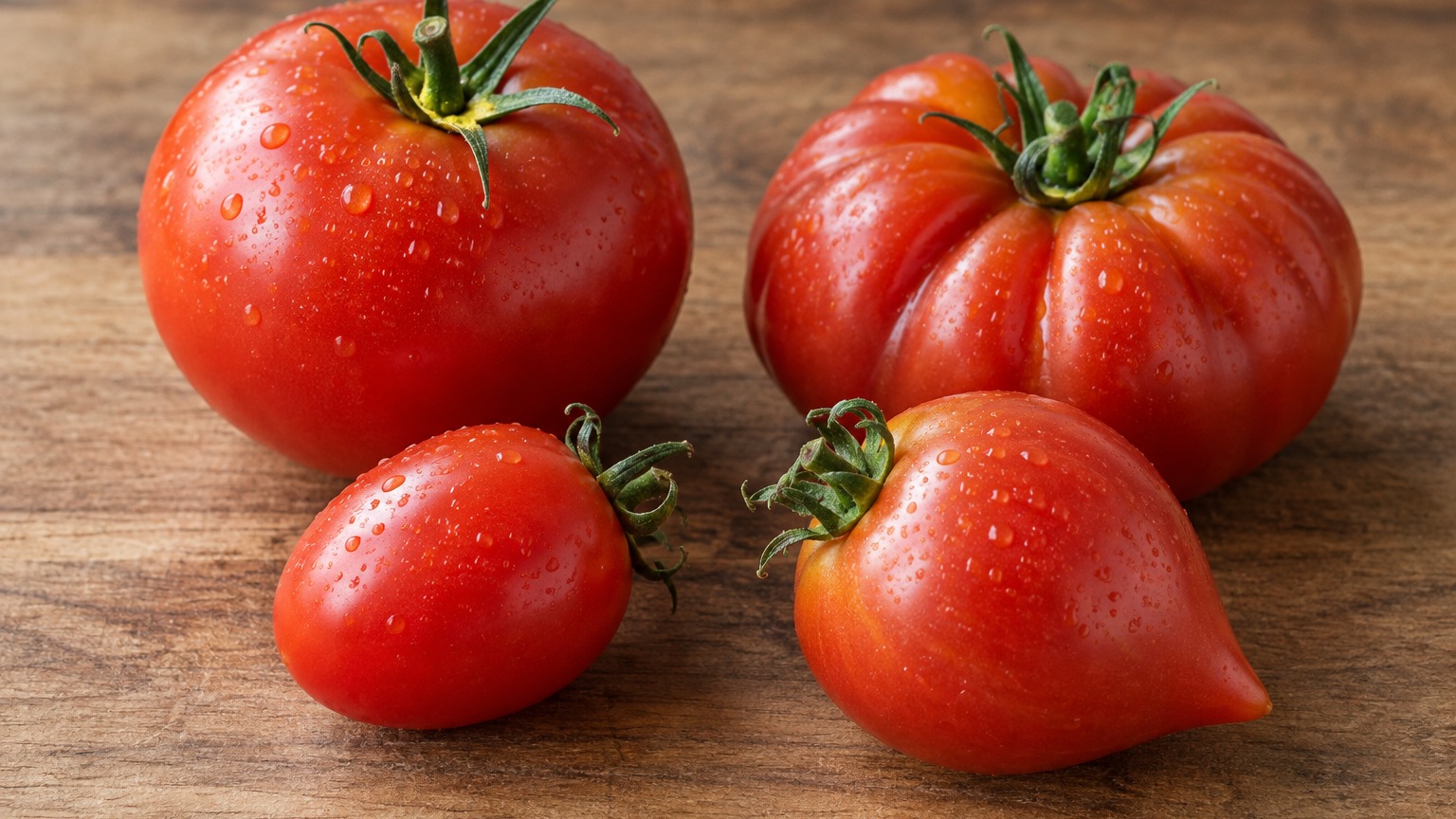 形も大きさも違う4種類のトマトを木の板に並べた様子。同じ野菜でも品種で形が変わる