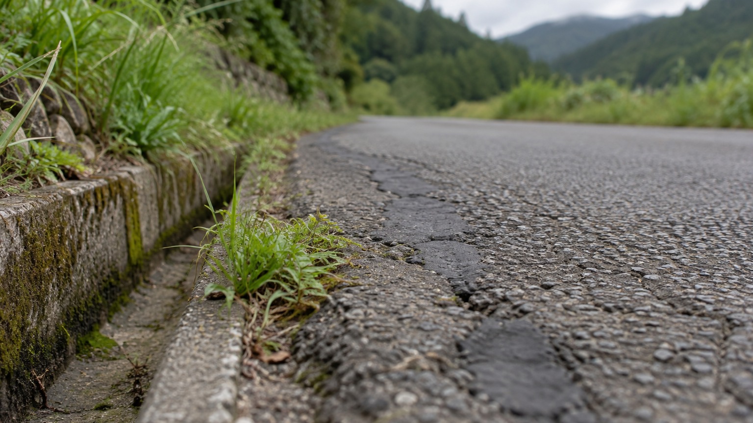 舗装のひび割れと排水溝と雑草が写る田舎の細い道路の路肩。道路予算をめぐる発言が問題になった農相辞任の記事の主題