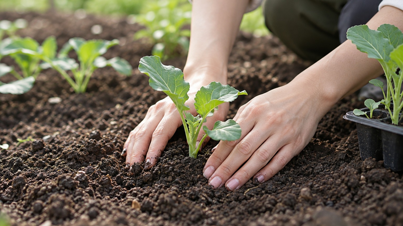 植え付けたばかりの苗の根元を土で押さえる素手の手元