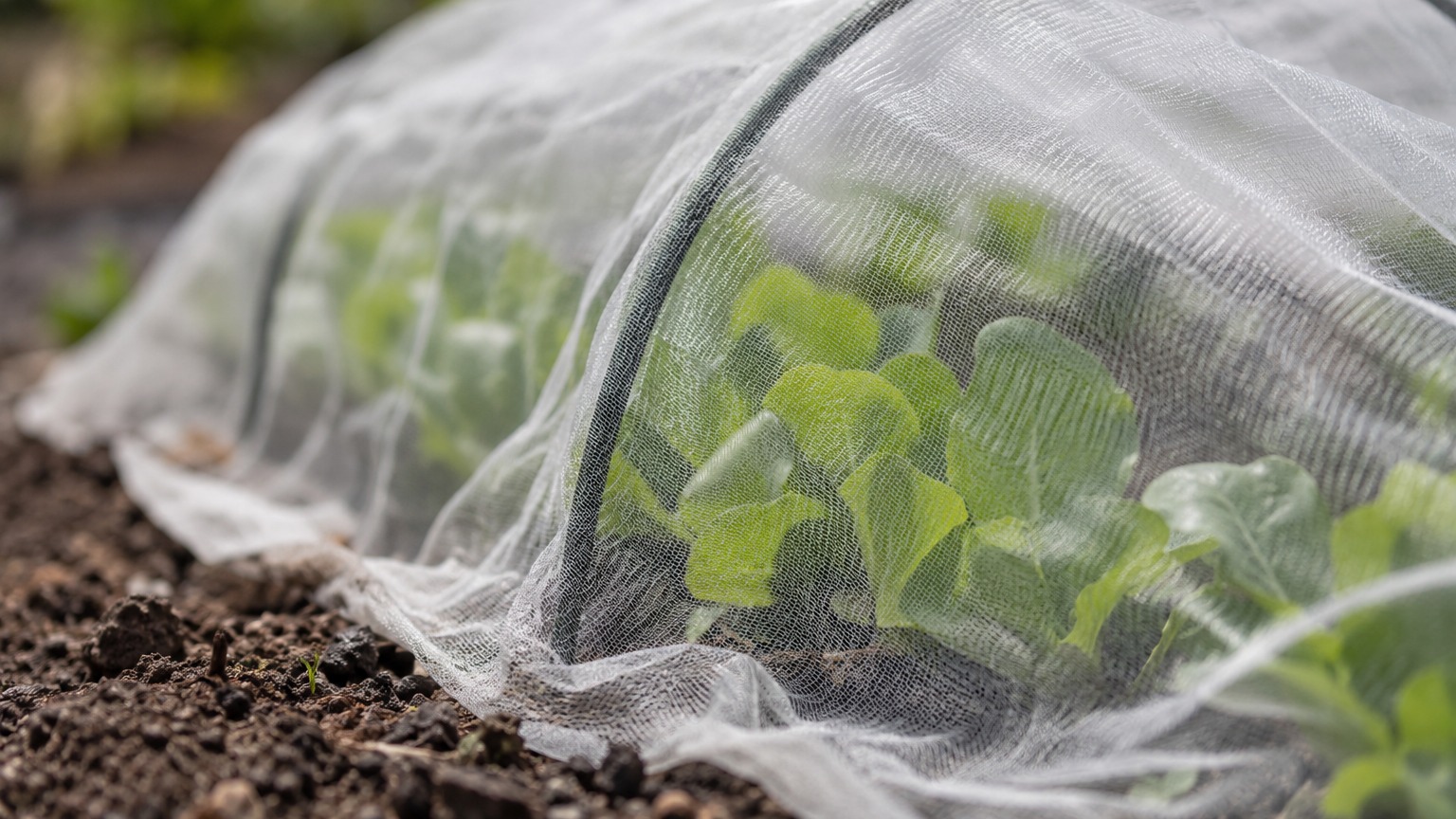 畝の上に張った白い防虫ネット。有機栽培で農薬に頼らず虫を防ぐ工夫
