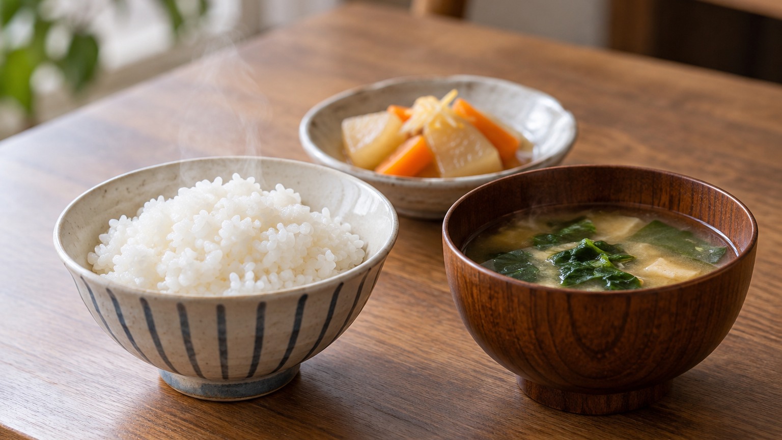 炊きたてのご飯と味噌汁と大根とにんじんの煮物が並ぶ家庭の食卓
